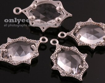 2pcs-17mmX12mmRhodium Faceted Glass With Teardrop Cubic Zirconia-Clear(M359S-E)