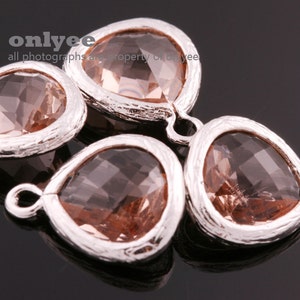 2pcs-11mmX14mmSmall Rhodium plated Brass Faceted Triangle Framed glass pendants-Peach(M312S-F)