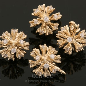 2pcs-14mmX10.5mm Bright Gold Plated over Brass Detailed 3D Round Star Ball with Cubic charm pendant, Connector, Jewelry Supply (K1869G)
