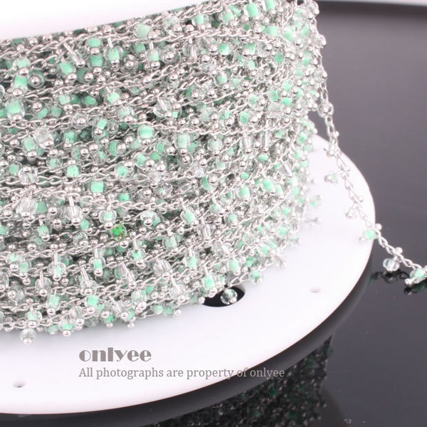 3FT(1yd)- Chain Lacy Green Seed Glass Bead, Rhodium Plated over Brass / 2.6mm(N118S)