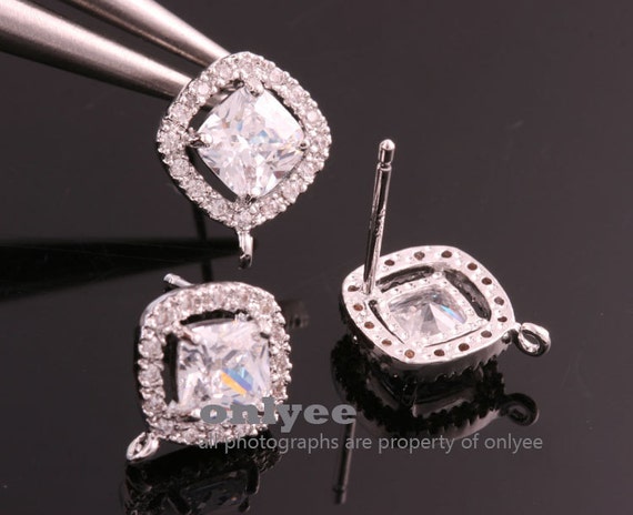 1pair/2pcs-10mm Rhodium Plated over Brass CZ diamond Stud Cubic zirconia  earring, 925 sterling silver post Earring Findings(K805S)