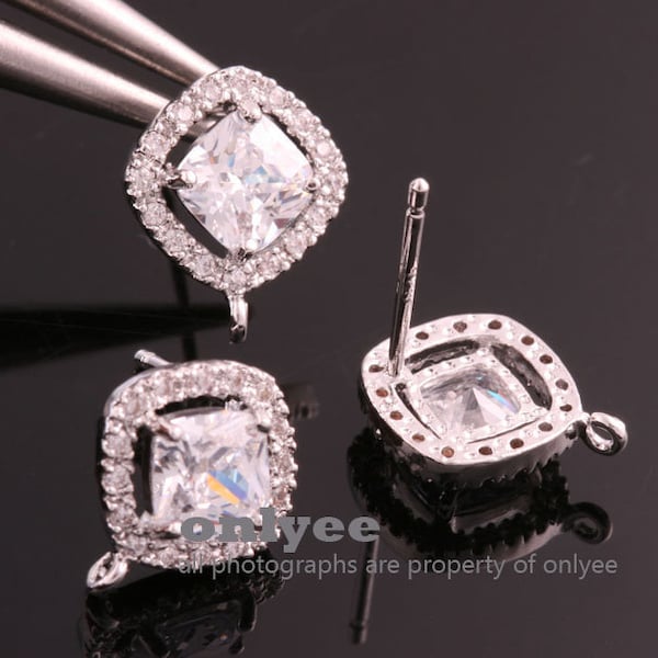 1pair/2pcs-10mm Rhodium Plated over Brass CZ diamond Stud Cubic zirconia earring, 925 sterling silver post Earring Findings(K805S)
