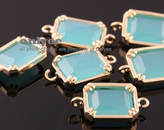 2pcs-16mmX9mm Vergulde Messing Geometrische Rechthoekige connectoren, schakels voor armbandbedels connectoren Met Glas-Mint (M381G-E)