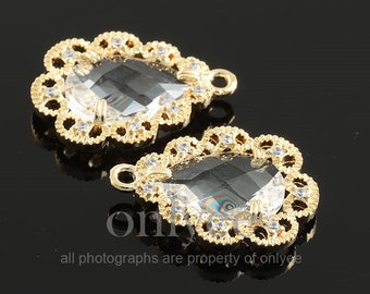 2pcs-19mmX14mmBright Gold plated over Brass Framed Tear drop With Cubic,Glass  pendants,Charms(K1981G)