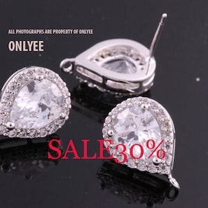 2pcs-15.5mmX11mm Bright Rhodium plated Brass Faceted teardrop CZ, zirconia earring, 925 sterling silver post Earring038(K1088S)