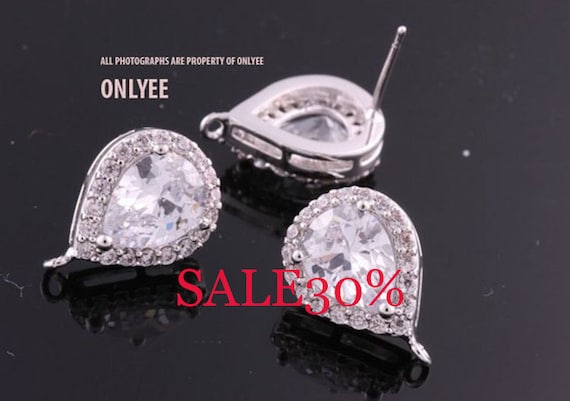 2pcs-15.5mmX11mm Bright Rhodium plated Brass Faceted teardrop CZ, zirconia earring, 925 sterling silver post Earring038(K1088S)