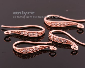 10pair/20pcs-17mmX7mmBright Bright Rose Gold Brass Elegant crystal CZ Cubic Zirconia detailed earrings, curved Earrings Finding031(K1183R)