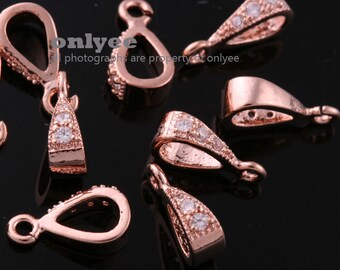 4pcs-10mmX3.5mmBright Rose Gold plated Brass Cubic zirconia Pendant Clasp,Bail Connector065(K819R)