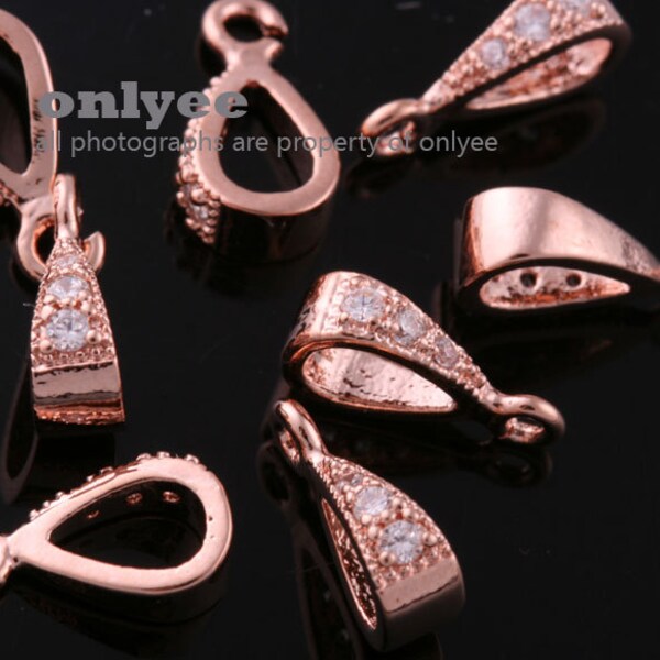 4pcs-10mmX3.5mmBright Rose Gold plated Brass Cubic zirconia Pendant Clasp,Bail Connector065(K819R)