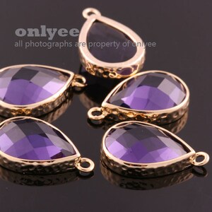 2pcs-18mmX11mmBright Rhodium Faceted tear drop glass with hammered bezel pendants-AmethystM365S-H image 2