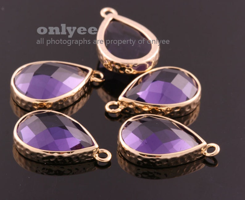 2pcs-18mmX11mmBright Rhodium Faceted tear drop glass with hammered bezel pendants-AmethystM365S-H image 2