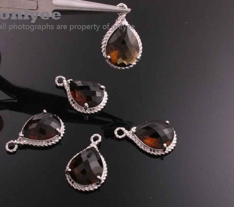 2pcs-19mmX12mmGold Faceted tear drop glass with rope rim pendants-SmokyM316G-K image 3