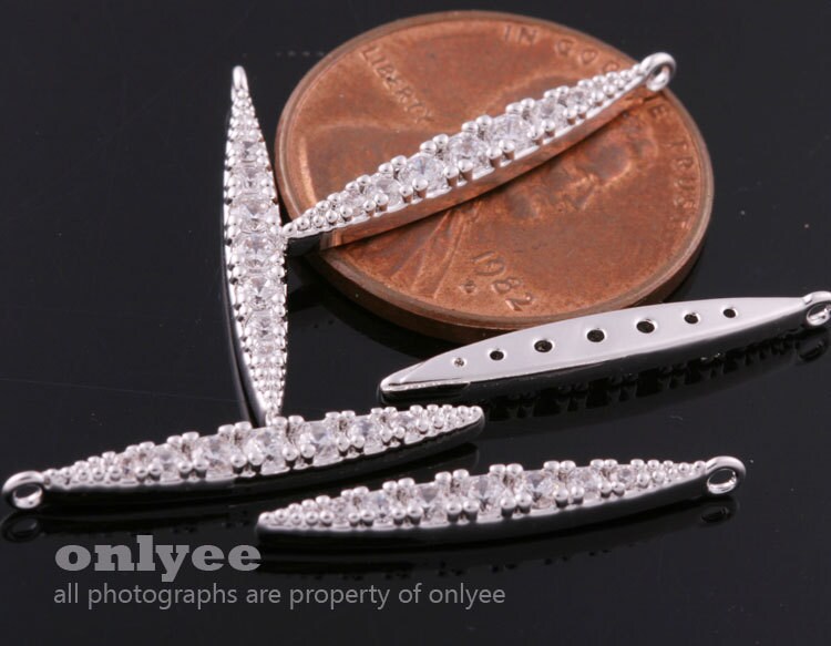 2pcs-21mmx3mmbright Rhodium Plated Brass Cubic Zirconia in