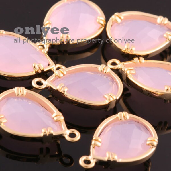 2pcs-16mmX10mm Gold plated Brass Faceted NEW Tear Drop With Glass pendants-Ice Pink(M379G-F)