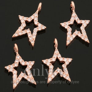 2pcs-7mmX12mm Bright Rose Gold Plated over Brass Cute Unbalanced Star with Cubic charm pendant, Connector, Jewelry Supply (K1893R)