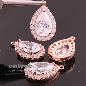 2pcs-19mmX12.25mm Bright Rose Gold plated LUX Cubic zirconia Tear Drop Pendants-(M319R-A)