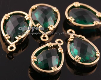 2pcs-16mmX10mm Gold plated Brass Faceted NEW Tear Drop With Glass pendants-Emerald(M379G-C)