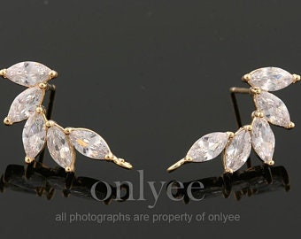 2pcs-20mmx10mm Bright Gold plated Brass wing shaped cubic with different left and right, 92.5 sterling silver post Earring(K1583G)