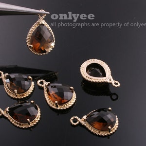 2pcs-19mmX12mmGold Faceted tear drop glass with rope rim pendants-SmokyM316G-K image 2