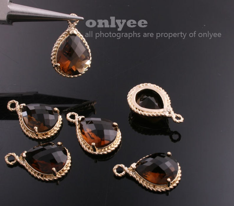 2pcs-19mmX12mmGold Faceted tear drop glass with rope rim pendants-SmokyM316G-K image 2