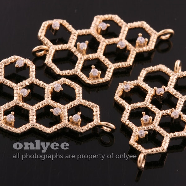 2pcs-22.5mmX15mm Gold plated over Brass Textured Honeycomb with Zircon,CZ jewelry links,Jewelry supplies, findingsconnector(K1135G)