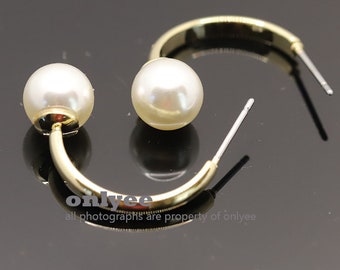1pair/2pcs-24mmX8mm Bright Gold Plated over Brass simple Pearl 8mm earring post, pendant, connector, jewerly supply(K1937G)