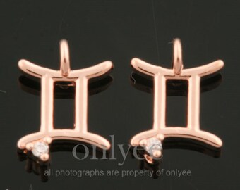 2pcs-8mmX6mm Bright Rose Gold plated Brass simple Zodiac Sign with cubics charm,pendant,Jewerly supply,connector, Gemini(K1440R-E)