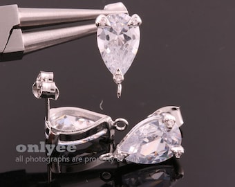 2pcs-15.5mmX9mm Latón chapado en rodio brillante LUX Teardrop CZ, pendiente de circonita, pendiente de poste de plata de ley 925 (K867S)