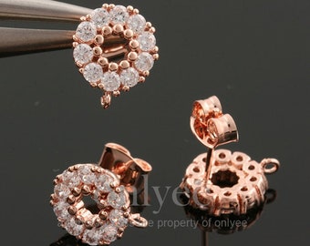 2pcs-12mmx10mm Bright Rose Gold plated Brass with cubics around the circle, 92.5 sterling silver post Earring(K223R)