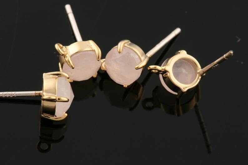 1pair2pcs-10mmX7mm Bright Gold plated Brass round natural stone earrings Rose Aventurine SA0181G-A 925 sterling silver post Earring