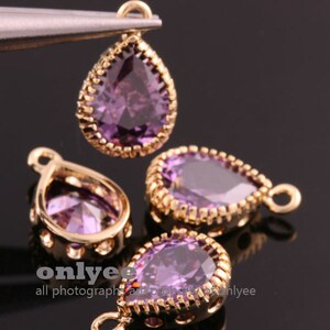 2pcs-15mmX9mmGold plated Brass crystal CZ Cubic Zirconia teardrop charms, bridal / wedding jewelry pendants-Lavender(M362G-D)