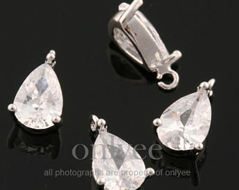 4pcs-8mmX4mm Bright Rhodium Plated over Brass basic oval shaped teardrop cubic charm, pendant(K1575S)