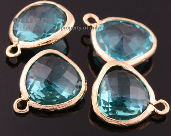 2pcs-16mmX13mmGold plated Brass Faceted Double-Sided Triangle glass pendants-BlueZircon(M304G-D)