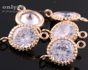 2pcs-15.5mmX10mmBright Gold plated Brass Faceted Round Zircon With 8mm Cubic Connectors-Clear(K1041G)