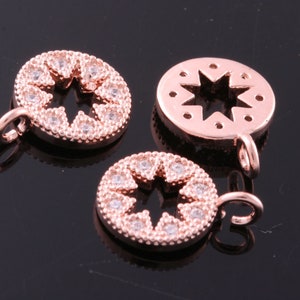 2pcs-10.5mmX8mm Bright Rose Gold plated Brass cubic zirconia in brass Round Star setting charms for jewelry Charms pendant connector(K1371R)