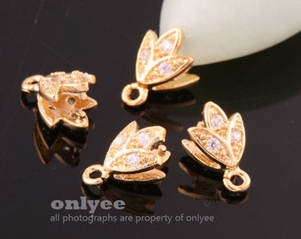 2pcs-10mmX7mmBright Gold plated Brass Cubic zirconia Pendant Clasp,leaves Bail Connector(K883G)