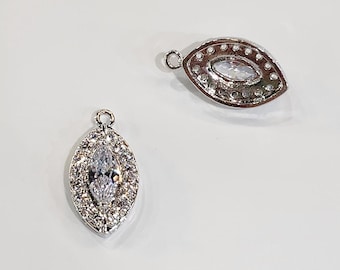 Colgante de collar con circonita cúbica de corte marquesa de latón bañado en plata de 21 mm x 12 mm, conector de bucle para fabricación de joyas (K011S) (2 piezas)