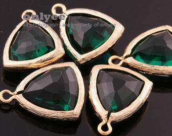 2pcs-17mmX12.5mm Gold Plated Brass with  Faceted Triangle Glass Pendant-Emerald(M336G-C)