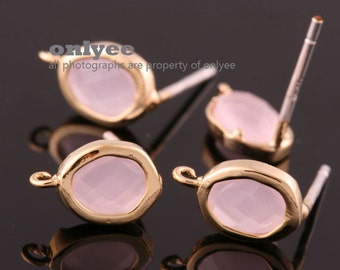 2pcs/1pair-Bright Gold plated Brass faceted New Round glass 925 sterling silver post earrings-IcePink(M394G-B)