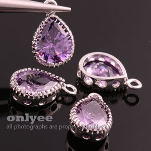 2pcs-15mmX9mmRhodium plated Brass crystal CZ Cubic Zirconia teardrop charms, bridal / wedding jewelry pendants-Lavender(M362S-D)