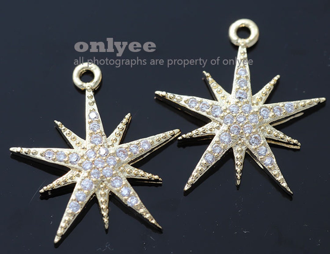 K14カメオ 2pcs-17mmx16mmbright Gold Plated Brass Delicate New Star CZ