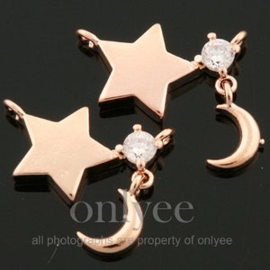 2pcs-18mmX7mm Bright Rose Gold Plated over Brass Star with Moon and cubic charm pendant, Connector,Jewelry Supply(K294R)