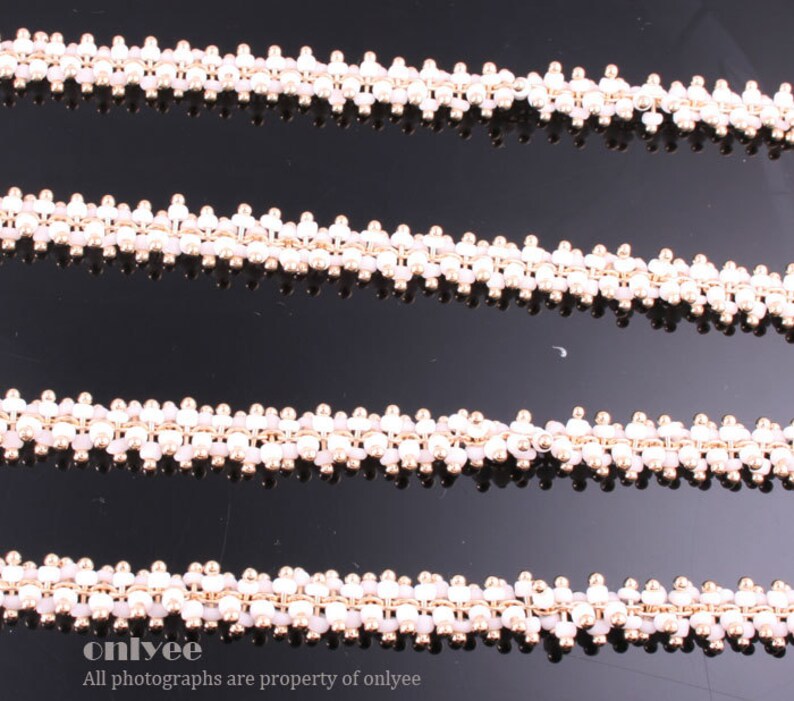 N121G 3FT - Chain Multe Lacy White Seed Glass Bead Gold Plated over Brass 7.6mm 1yd