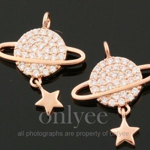 2pcs-17mmX14mm Bright Rose Gold Plated over Brass planet with star cubic charm pendant, Connector, Jewelry Supply(K303R)
