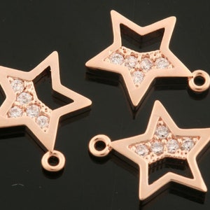2pcs-8mmX9mm Bright Rose Gold Plated over Brass cute Star filled with half cubic charm,connector,pendant,Jewelry Supply (K1909R)