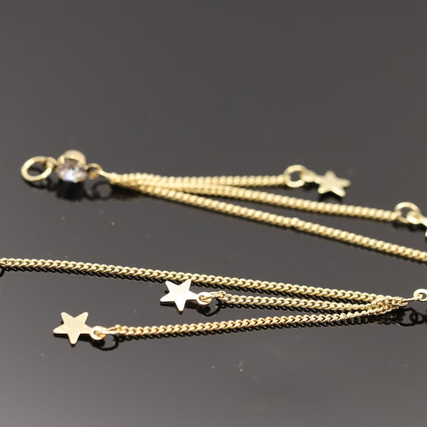4pcs-74mmX4mm Bright Gold plated over Brass Cute Three Stars with cubic chain tassel charms, dangles for earrings, necklace pendants(K1938G)