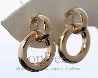 1pair/2pcs-17mmX14mm Bright Gold Plated Brass Ready to Wear Drop Two Rings post Stud Earring,Hooks Post Earring (K2015G)