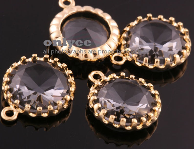M378G-B 2pcs-15mmX13mmLarge Gold plated Brass Faceted NEW Round Drop With Glass pendants-Charcoal