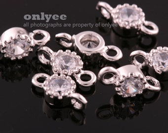 4pcs-8mmX3.8mmBright Rhodium plated Brass Faceted Round Zircon With 3mm Cubic Connectors-Clear(K435S)