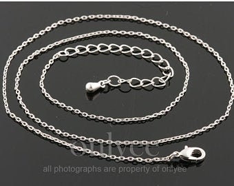 4pcs-15inchesX0.8mm Bright Rhodium plated over Brass, Basic chain with Lobster Claw, extender 2inch Jewerly supply (N242S)